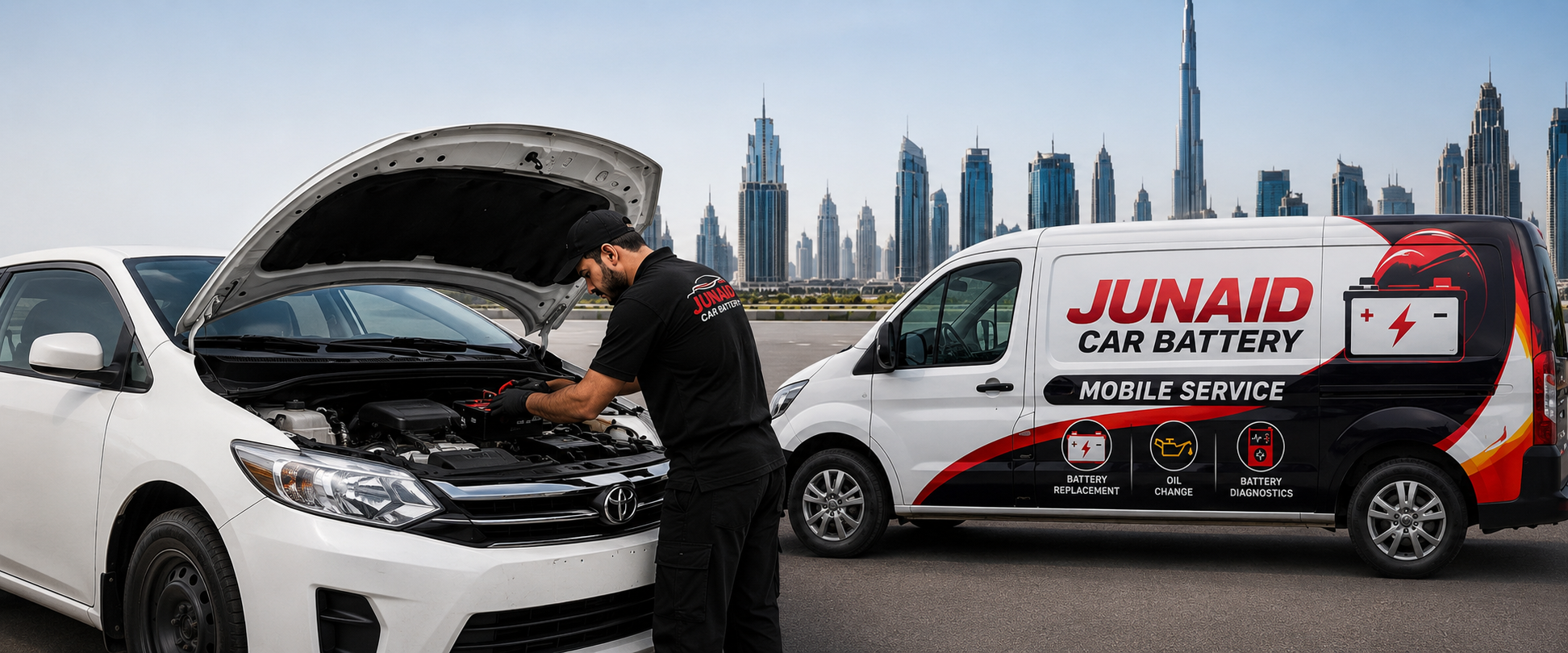 Technician replacing a car battery at the customer's location